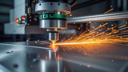 CNC Laser cutting of metal, contemporary industrial technology Fabricating Industrial Components. The laser optics and CNC are employed to guide the material or the generated laser beam.