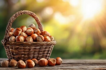 Hazelnuts in a basket, with a forest view and sun, brown in a rustic nut scene