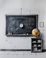 A physics classroom with a blackboard filled with formulas a hanging pendulum experiment and a globe on a shelf in sketch hand drawing black and white on plain white background