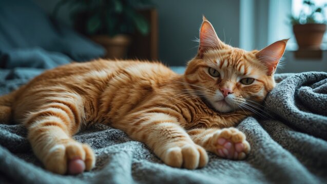 Relaxing cute polydactyl orange cat on a blanket displaying extra toes.