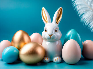 Obraz premium Pâques. Ostern. Pascua. Pasqua. Páscoa. Wielkanoc. Pasen. Easter decor and attributes spring bright holiday Easter bunny and painted eggs Easter Egg Hunt easter wreath generative AI