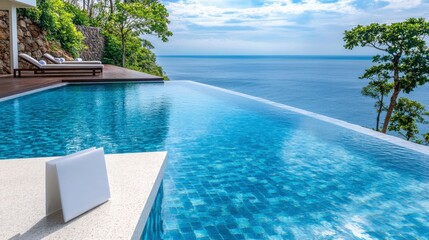 Fototapeta premium award-winning travel destination concept Luxurious infinity pool overlooking a serene ocean landscape under a bright sky.