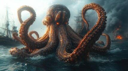 A vibrant scene depicts a colossal red octopus emerging from tumultuous blue waves,