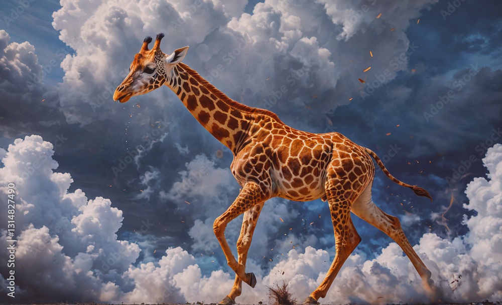 Poster Giraffe is running through the sky with clouds above it. Scene is playful and whimsical, as the giraffe seems to be having fun while running through the clouds