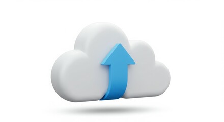 Cloud data upload concept. 3D rendering of a white cloud with a blue upward arrow.