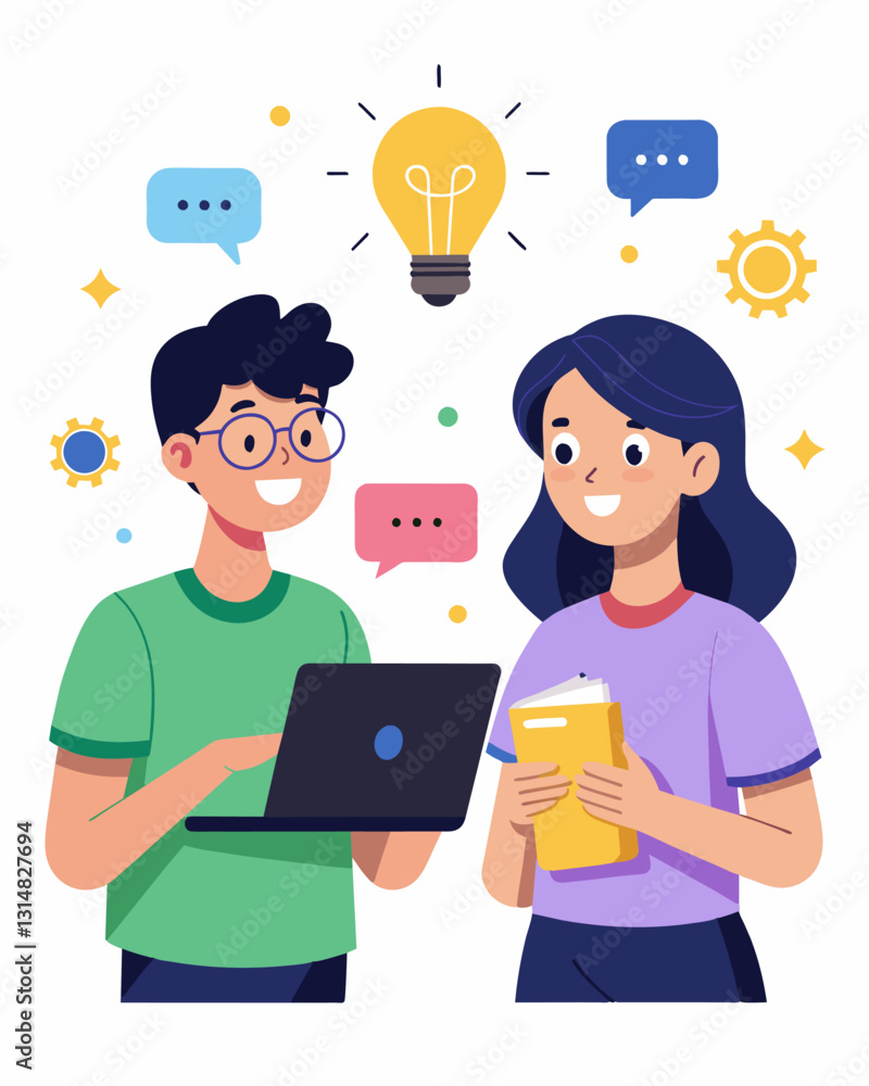 Poster two students excitedly discuss and brainstorm new ideas for their virtual assistants their coding no