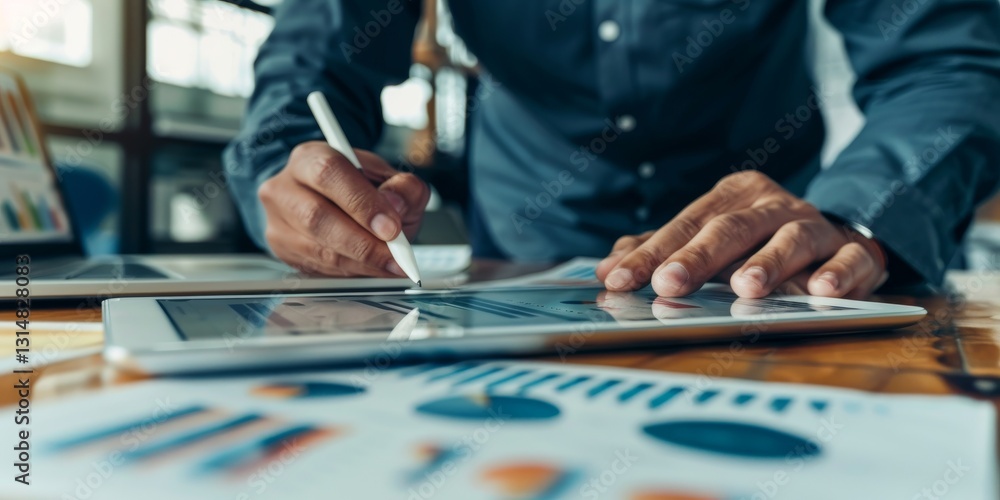 Poster in a modern office, a lawyer or judge uses a tablet to analyze data, reviewing documents and charts 