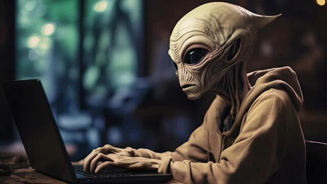 Alien worker typing on laptop inside dark coffee shop, representing remote digital communication beyond terrestrial limits, blending technology and otherworldly presence