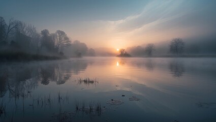 Sunrise reflections on the water during a misty morning.