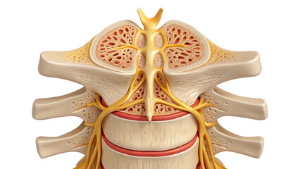 detailed cross section of vertebra, showcasing bone structure, nerves, and spinal cord, highlighting anatomical features and medical relevance