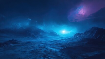Naklejka premium A vast desert in a parallel world, where the sand glows with an eerie blue light. background wallpaper AI generated image