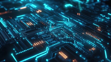 Obraz premium Abstract Futuristic Circuit Board: Glowing Blue and Orange Technology