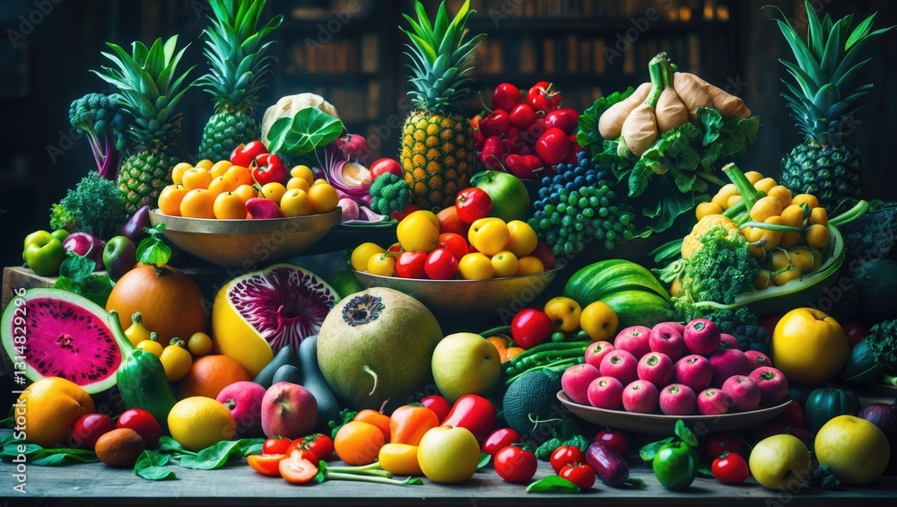 Poster vibrant assortment of colorful fruits and vegetables displayed across a table in a full-frame studio