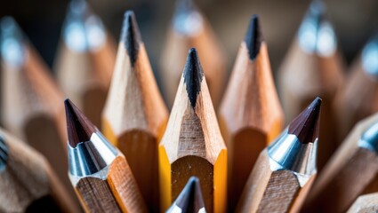 Macro image of the graphite tip of a sharp ordinary pencil as a drawing and drafting tool, positioned among other pencils, representing an individual approach and concept as standing out from the c...