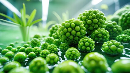 Closeup macro shot under a microscope of green algae water plant with a laboratory background, exploring alternative fuel or nature bio-fuel experimental research in biology and environmental techn...