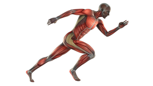 dynamic illustration of human figure in motion, showcasing detailed muscle anatomy and movement. image highlights muscular system in running pose, emphasizing strength and agility