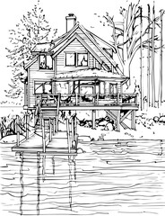 lake house, coloring page, sketch, drawing, vector, house, architecture, building, illustration, church, city, landscape, old, home, vintage, tree, art, street, draw, cartoon, town, mountain, painting