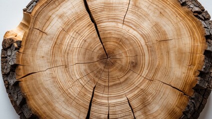 Naklejka premium Large circular wood cross section featuring a tree ring texture pattern and cracks, isolated on a white background. Detailed organic surface from nature.