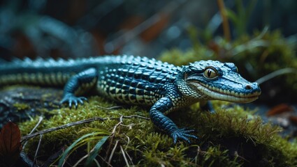 Crocodile skink basking on moss in close-up.