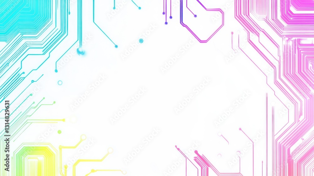 Poster white background with neon circuit lines glowing in different colors with empty space for creative m