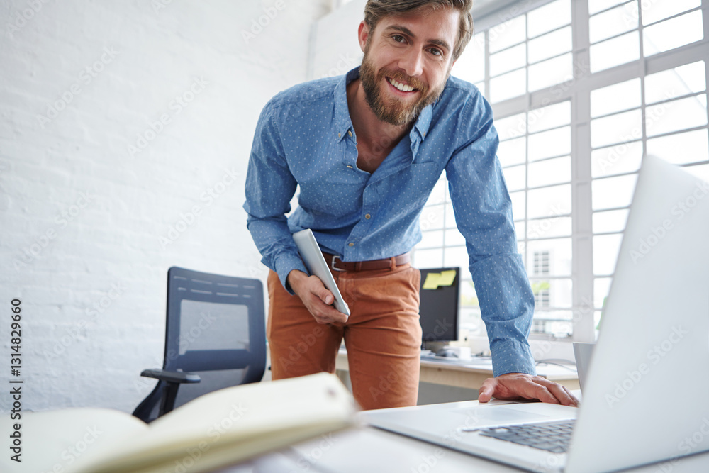 Poster office, businessman and web designer in portrait for laptop, software update and smile for informati