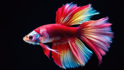 Fototapeta premium Colourful Betta fish in motion isolated against a black background. Capture the dynamic moment of colourful fish isolated on a black backdrop.