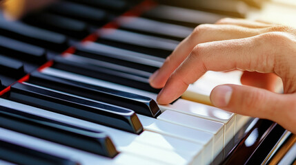 Fototapeta premium A close-up of a pianist’s hand playing a piano, highlighting the elegant movement of fingers on the black and white keys, bathed in warm natural light. Selective focus.