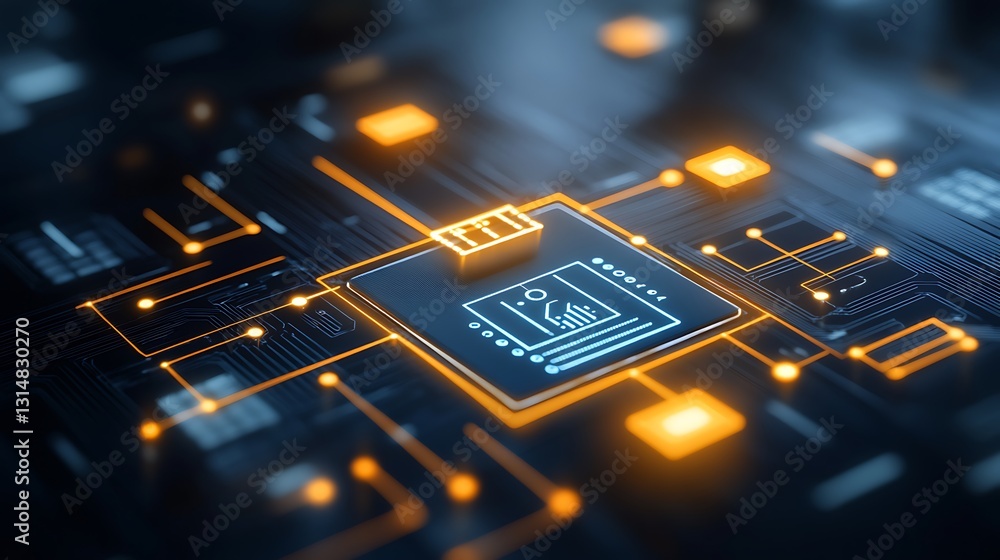 Poster futuristic microchip interconnectivity with glowing circuit pathways