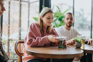 A group of friends gather in a cozy cafe, enjoying beverages and friendly conversation. The warm setting features soft lighting, natural decor, and a calm atmosphere enhancing their time together.