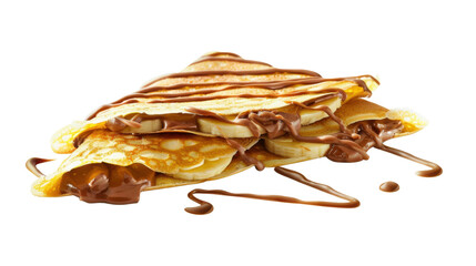 Delicious crepes with bananas and chocolate cream drizzled on transparent background