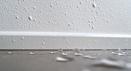 Close-up view shows droplets and water pooling at the baseboard level, highlighting wall texture and the state of the flooring. Condition suggests potential water damage concerns