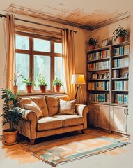 A therapists cozy office with warm lighting a soft beige couch and a bookshelf filled with psychology books in sketch hand drawing with color on plain white background