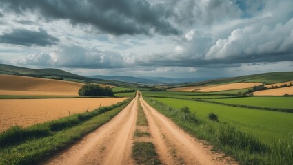 Fototapeta premium Sunny day on a dirt path through beautiful countryside featuring green fields beneath a cloudy sky.