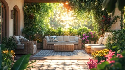 Naklejka premium A serene outdoor seating area surrounded by lush greenery and colorful flowers, illuminated by soft sunlight.