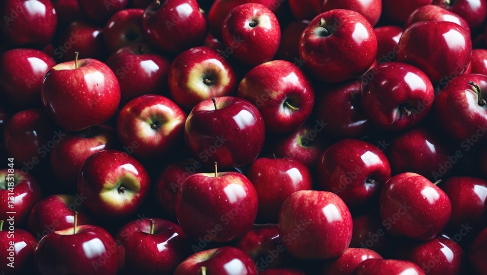 Poster the pile of red apples has a glossy surface and is in focus. the image depicts apples.