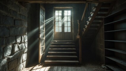 Fototapeta premium Dark and eerie wooden cellar door ajar at the base of old stone stairs, with bright sunlight rays illuminating the floor and casting shadows in a scary, sinister abandoned basement room underground.