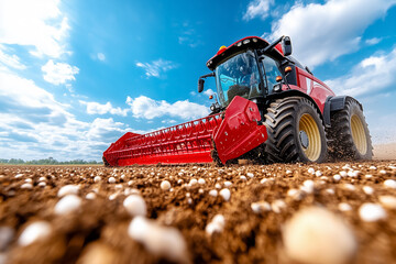 Obraz premium A combine harvester efficiently collects sugar beets in a sprawling field. The low-angle view highlights the impressive machinery, creating a sense of scale against the bright sky