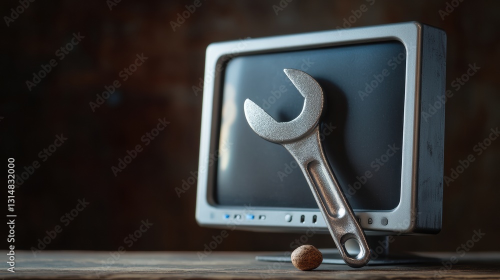 Poster monitor with wrench and nut overlay representing computer repair and service in a creative layout wi