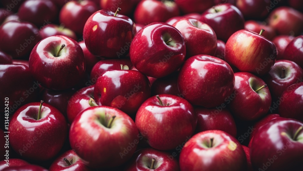 Poster the apples are shiny and in sharp focus. the image depicts a heap of red apples.