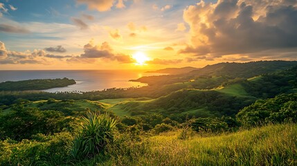 Obraz premium Golden Sunset over Lush Tropical Landscape
