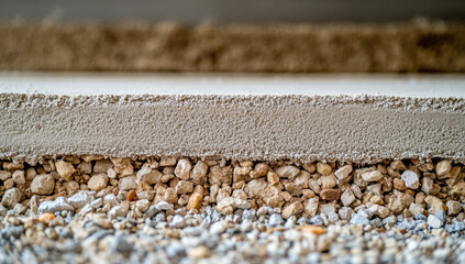 This close-up shot highlights the intricate details of the base layer in a construction site, featuring gravel and a smooth cement finish, essential for building stability