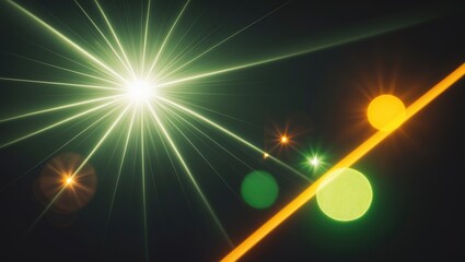 Lens flare glow light effect against a black backdrop. An image showcasing rays of light effects, overlays, or flares isolated on a black background for design purposes. Abstract lens flare with gr...