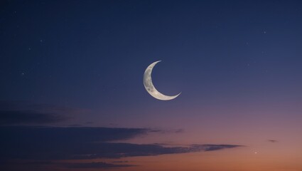 Islamic Crescent Moon Sky Vertical on Dark Blue Dusk, Twilight Sky in the Evening with Beautiful Sunset Light, Dark Clouds, Symbol of Religion to Begin Month, Eid al-Adha, Eid al-Fitr.