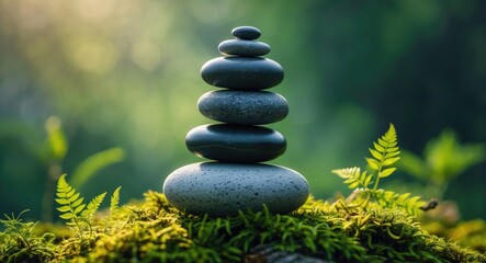 Stack of zen stones on a background of nature.