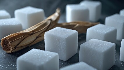 Close-up of sugar cubes. A cube of cane sugar rests on white sugar cubes. Macro photography with a soft focus effect.