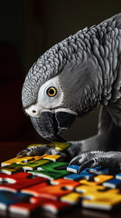 Fototapeta premium A close-up of a parrot's head featuring gray feathers, a yellow eye, and a distinct beak, with natural tropical forest background and a unique, exotic appearance, often seen in zoos