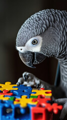 Obraz premium A close-up of a parrot, featuring its beak, gray and yellow feathers, and vibrant eyes, capturing the beauty of tropical wildlife in a natural setting