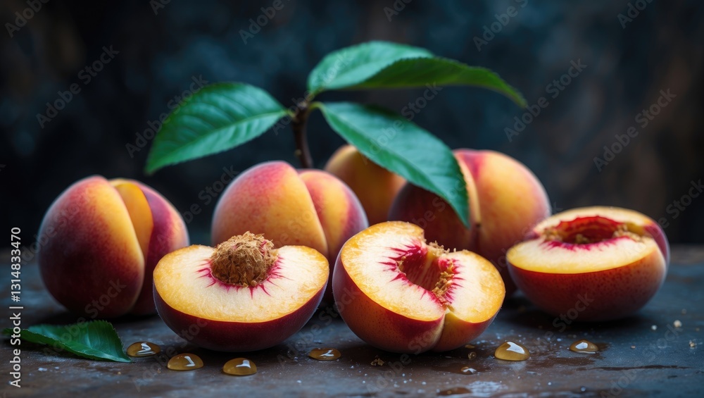 Aufkleber sliced nectarines and peaches are displayed with a leaf in the background.