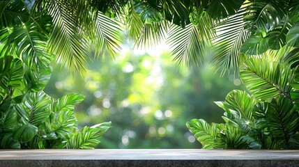 Lush Green Tropical Foliage Frame Sunny Background with Gray Stone Surface