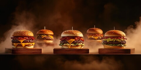 Group of gourmet burgers for restaurant menu. Multiple cheeseburgers with fresh ingredients on smoky background. Fast food selection with delicious burgers. Restaurant and Bars Advertising Product